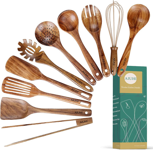 (Without Holder)Kitchen Wooden Utensils for Cooking ,Nonstick Wood Utensil Natural Teak Wood Spoons for Cooking,Kitchen Utenails Set,Wooden Kitchen Utensil Set with Spatula and Ladle (10)