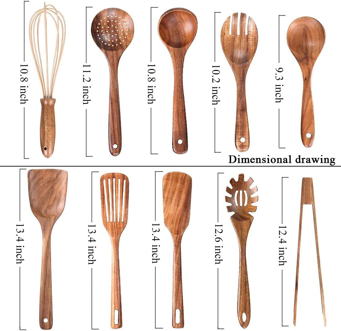 (Without Holder)Kitchen Wooden Utensils for Cooking ,Nonstick Wood Utensil Natural Teak Wood Spoons for Cooking,Kitchen Utenails Set,Wooden Kitchen Utensil Set with Spatula and Ladle (10)